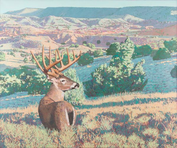 An early painting of a male deer standing in the foreground of a deep rugged landscape