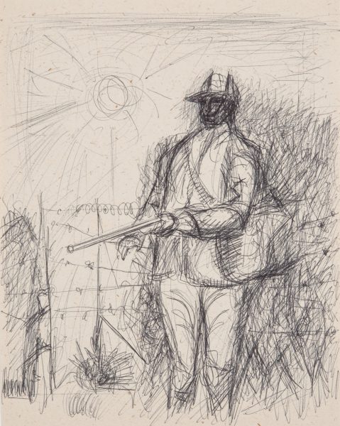 image of a pen and ink drawing on paper of a man out hunting.