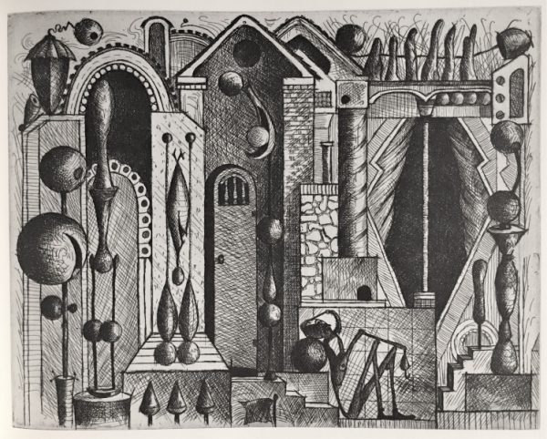 Image of Valton Tyler's etching titled "Environment Man," line etching