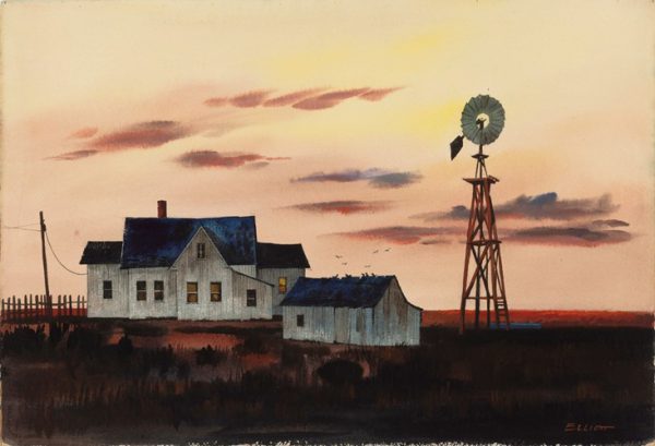 Landscape of a farm house and a windmill by William Elliott