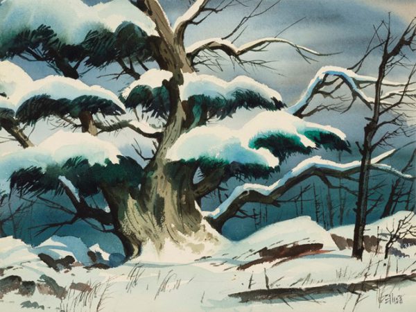 Artist: William Elliott, "Snow Covered Cedars" watercolor on paper