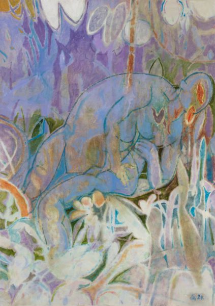 A painting of an abstracted figure in a landscape filled with foliage.