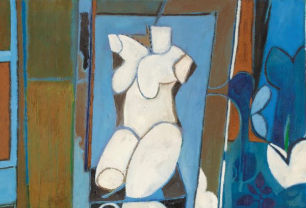 Detail image of an Otis Huband painting, there is a sculpture of a nude female torso in the center of the interior of a studio