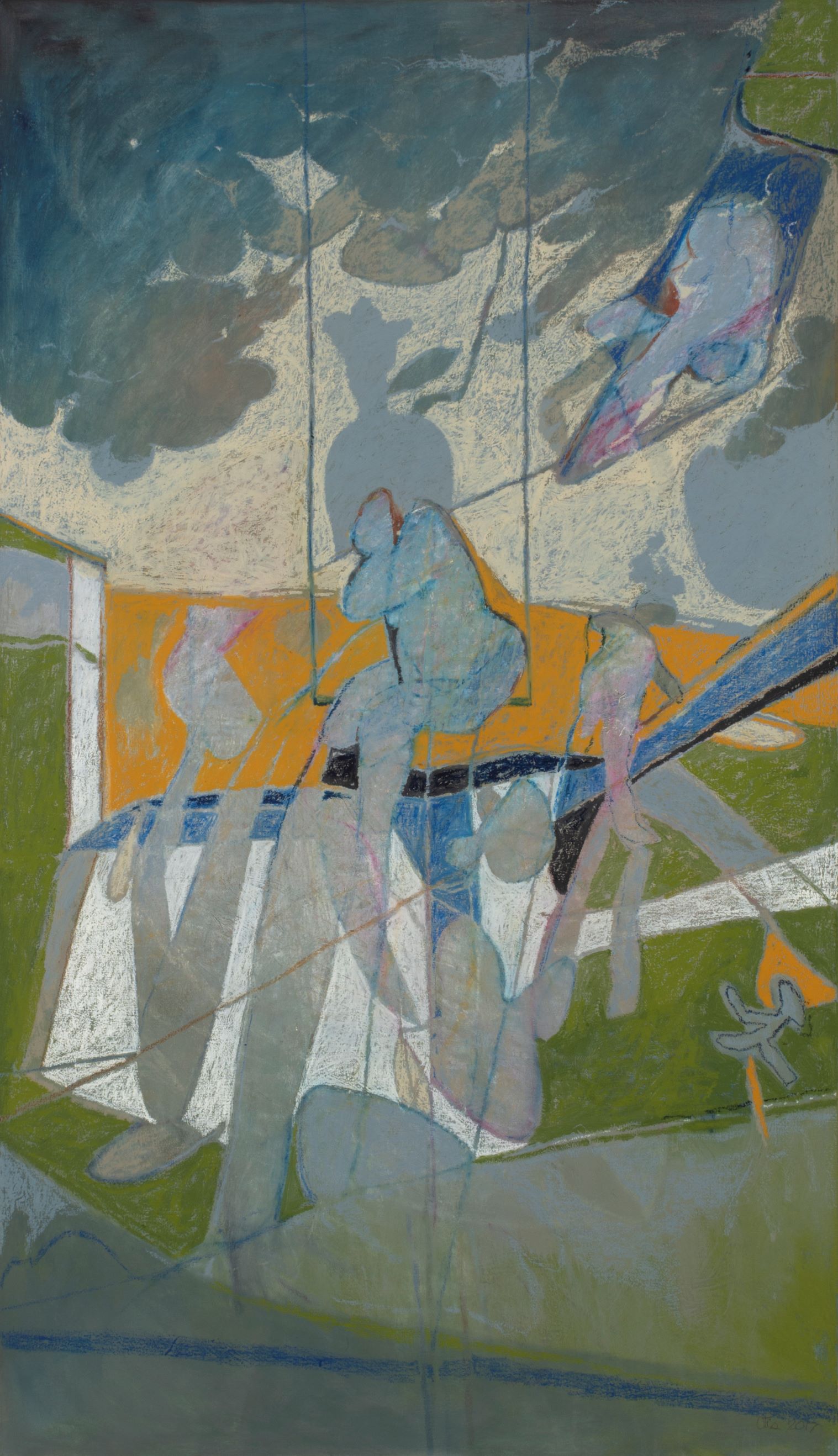 An image of a large vertical painting by Otis Huband. It has some elements of figuration as part of the abstraction.