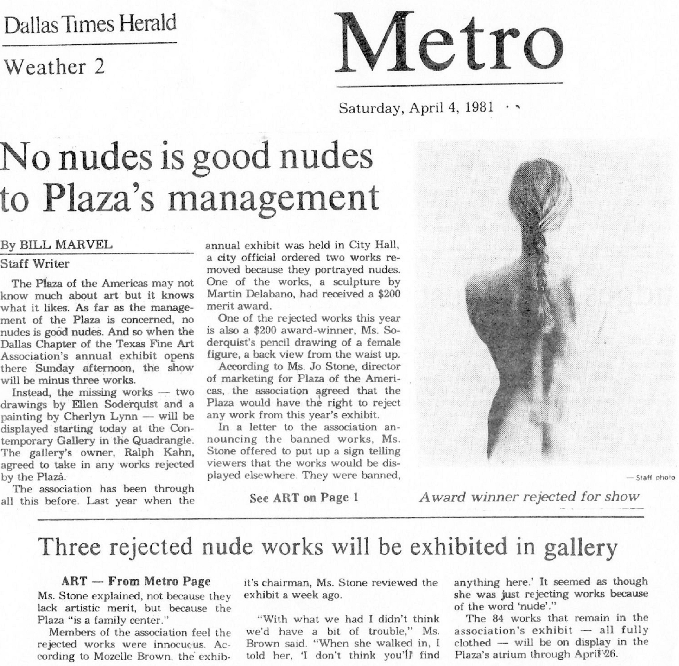 Clipping from The Dallas Times Herald with article about Ellen's nude drawings being removed
