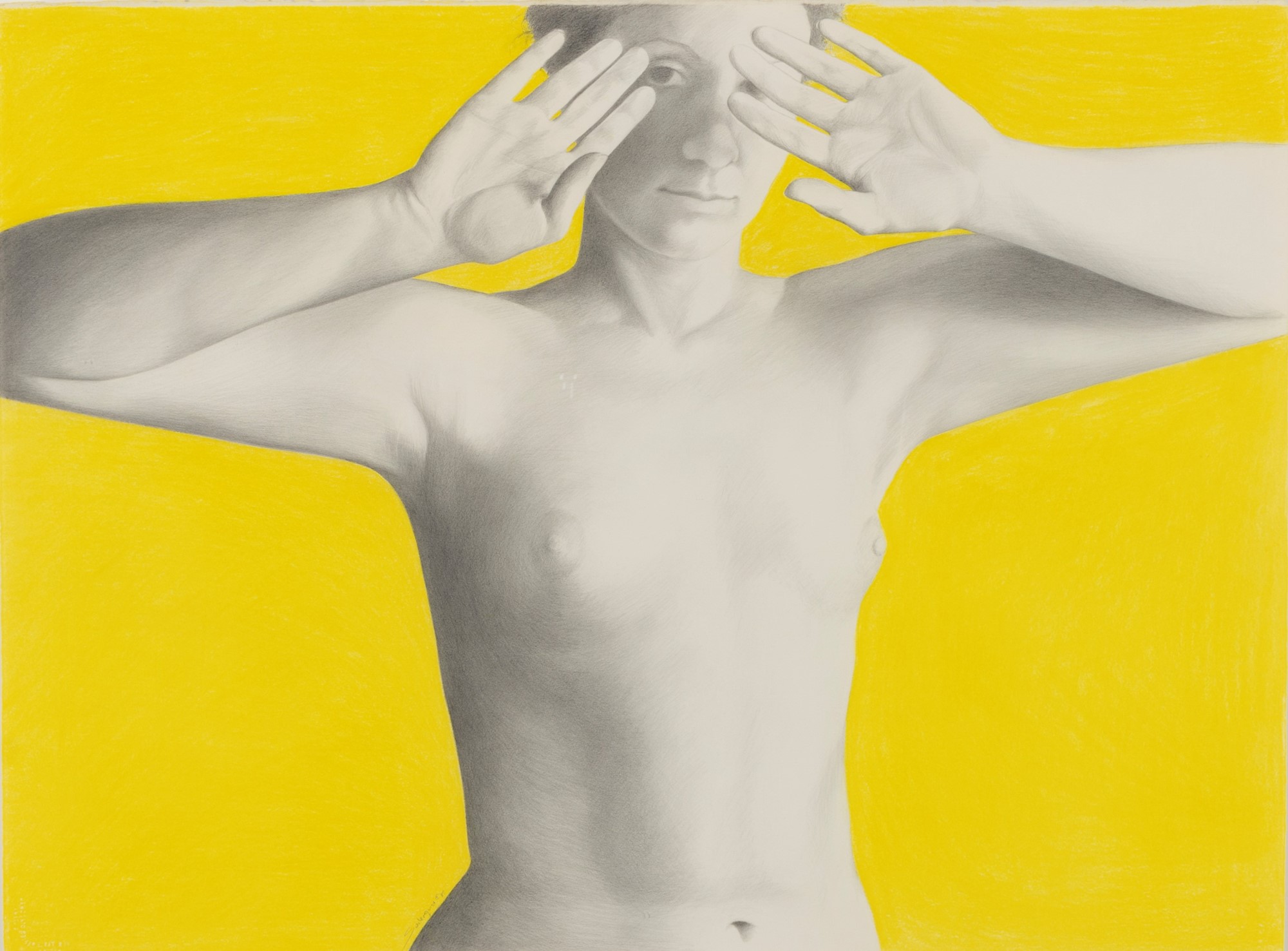 Image of a 1985 graphite and nupastel on paper drawing of a nude figure from the waist up on a yellow background