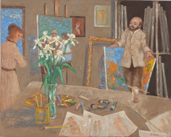 Artist showing artwork in his studio to a client