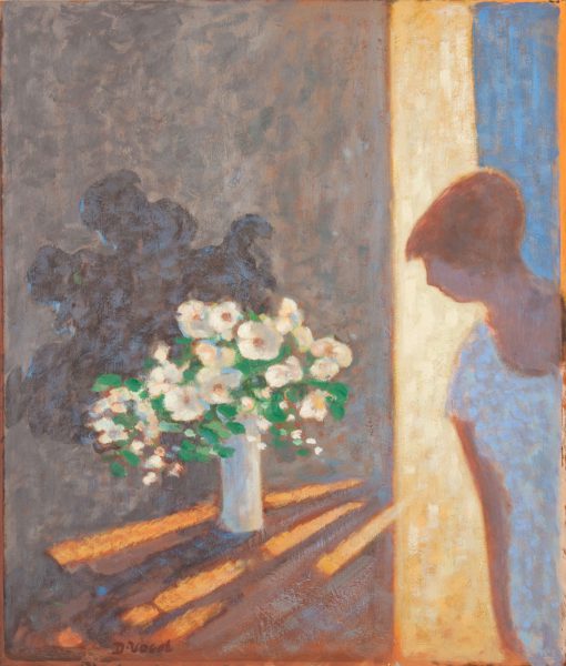 Woman in interior with still life