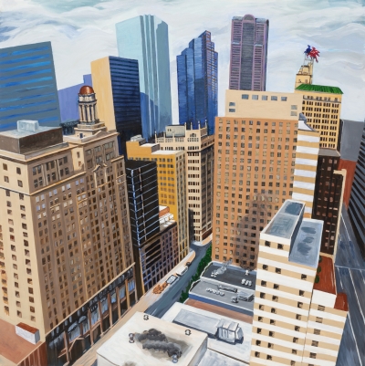 Downtown Dallas seen from above with Pegasus seen in the upper right. 