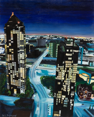 A night scene of downtown Dallas with two skyscrapers in the foreground and an empty highway running between.