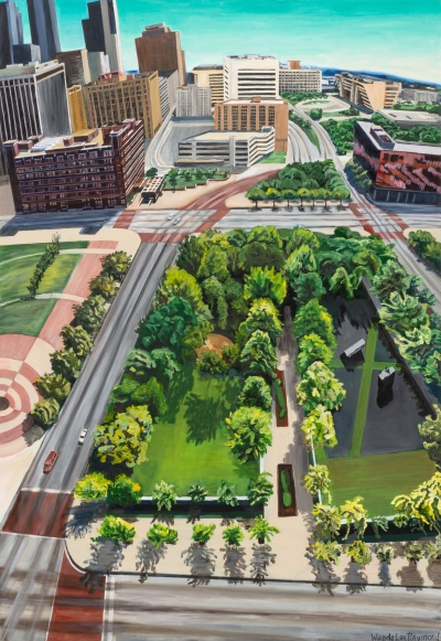 Overlooking a park in downtown Dallas looking East from a tall building.